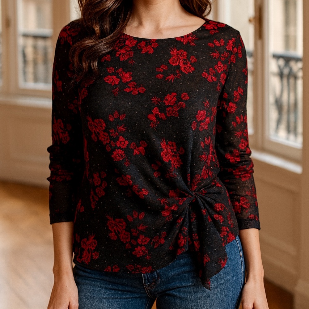 Tahari New-With-Tags XL Sheer Floral Knot Elegant Red & Black Statement Blouse